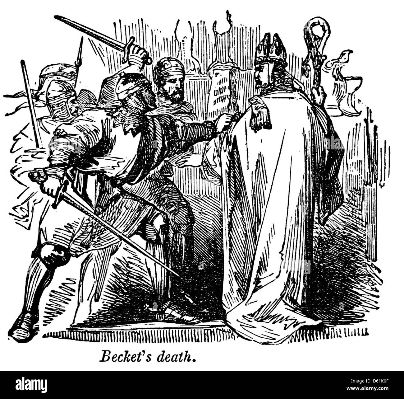Eine Illustration aus „A Pictorial History of England“ (1854), die den Tod von Thomas Becket darstellt. Das Bild fängt diesen bedeutenden Moment in der englischen Geschichte ein, als der Erzbischof in der Kathedrale von Canterbury ermordet wurde. Stockfoto