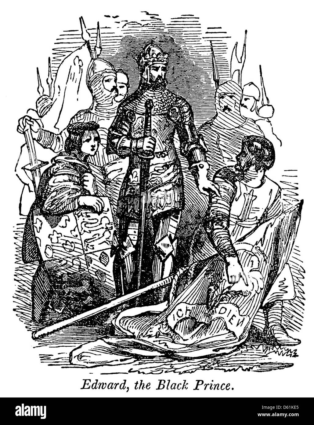 Eine Illustration aus dem Jahr 1854 aus *A Pictorial History of England*, in der Edward, der Schwarze Prinz, dargestellt wird. Das Bild zeigt den Militärführer und englischen Prinzen, eine Schlüsselfigur im Hundertjährigen Krieg. Stockfoto
