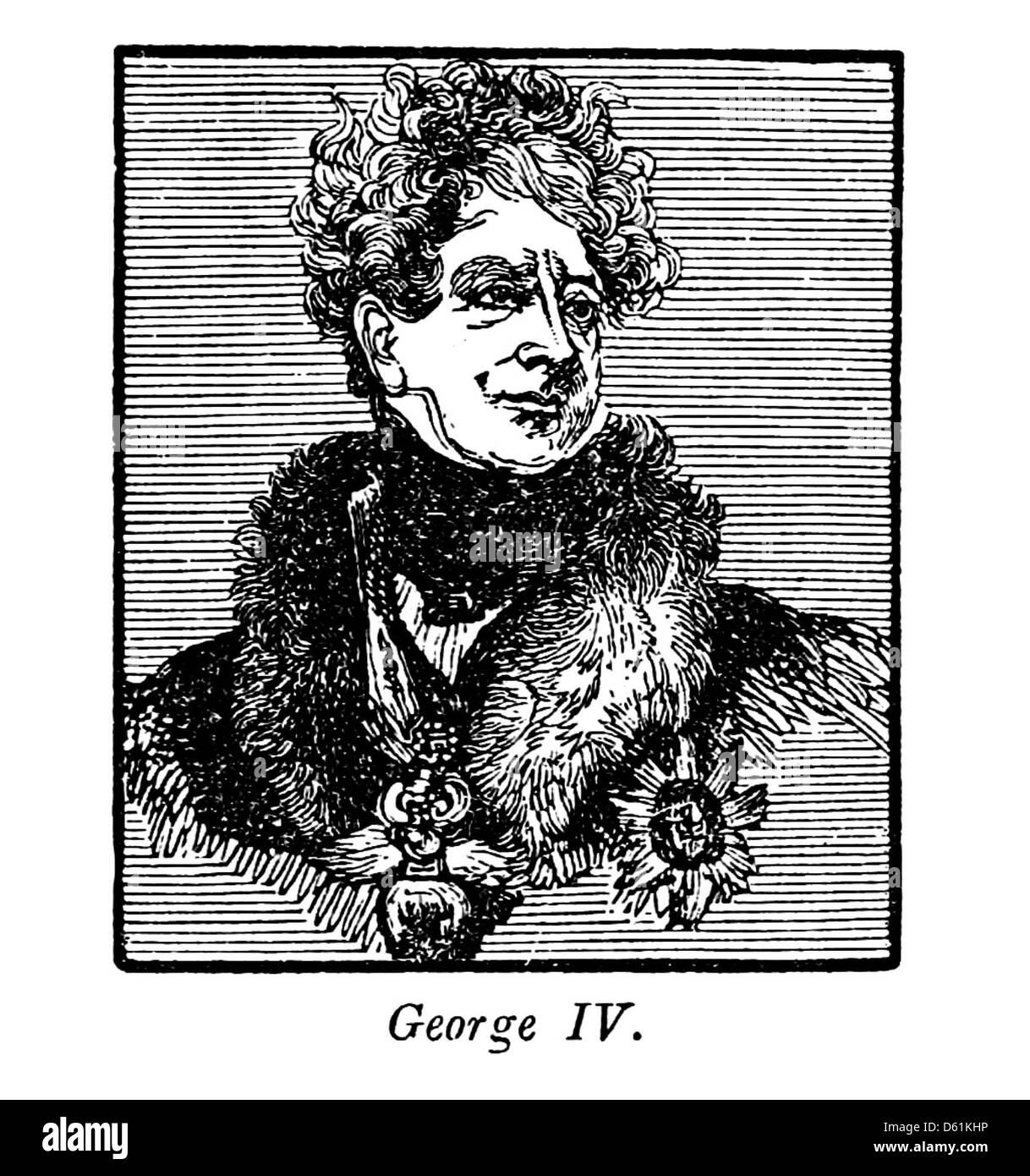 Dieses 1854 erschienene Bild aus „A Pictorial History of England“ zeigt eine Darstellung von Georg IV., der sich auf seine Rolle in der britischen Geschichte und seinen Beitrag zur kulturellen und politischen Landschaft des Landes konzentriert. Stockfoto
