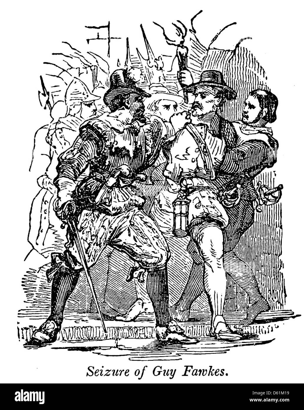 Eine Illustration aus „A Pictorial History of England“ (1854), die die Verhaftung von Guy Fawkes während der Schießpulverververhandlung darstellt. Stockfoto
