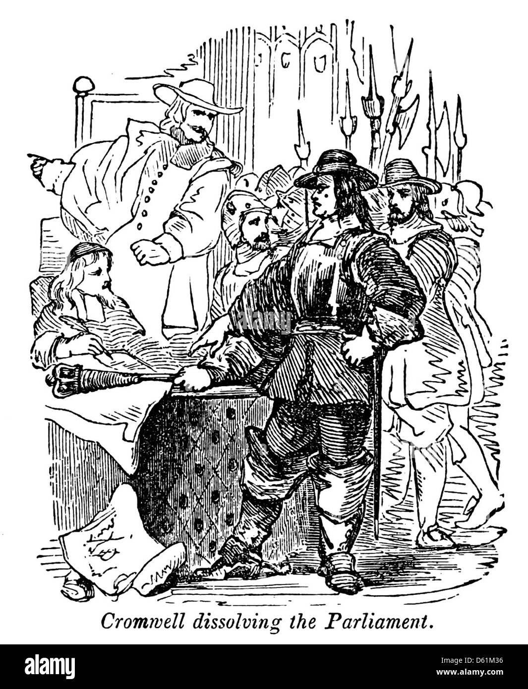 Eine Illustration aus der 1854 erschienenen Ausgabe von A Pictorial History of England, die den entscheidenden Moment zeigt, als Oliver Cromwell 1653 das lange Parlament auflöste. Dieses bedeutende Ereignis markierte einen entscheidenden Wendepunkt in der englischen Geschichte, insbesondere während des englischen Bürgerkriegs. Stockfoto