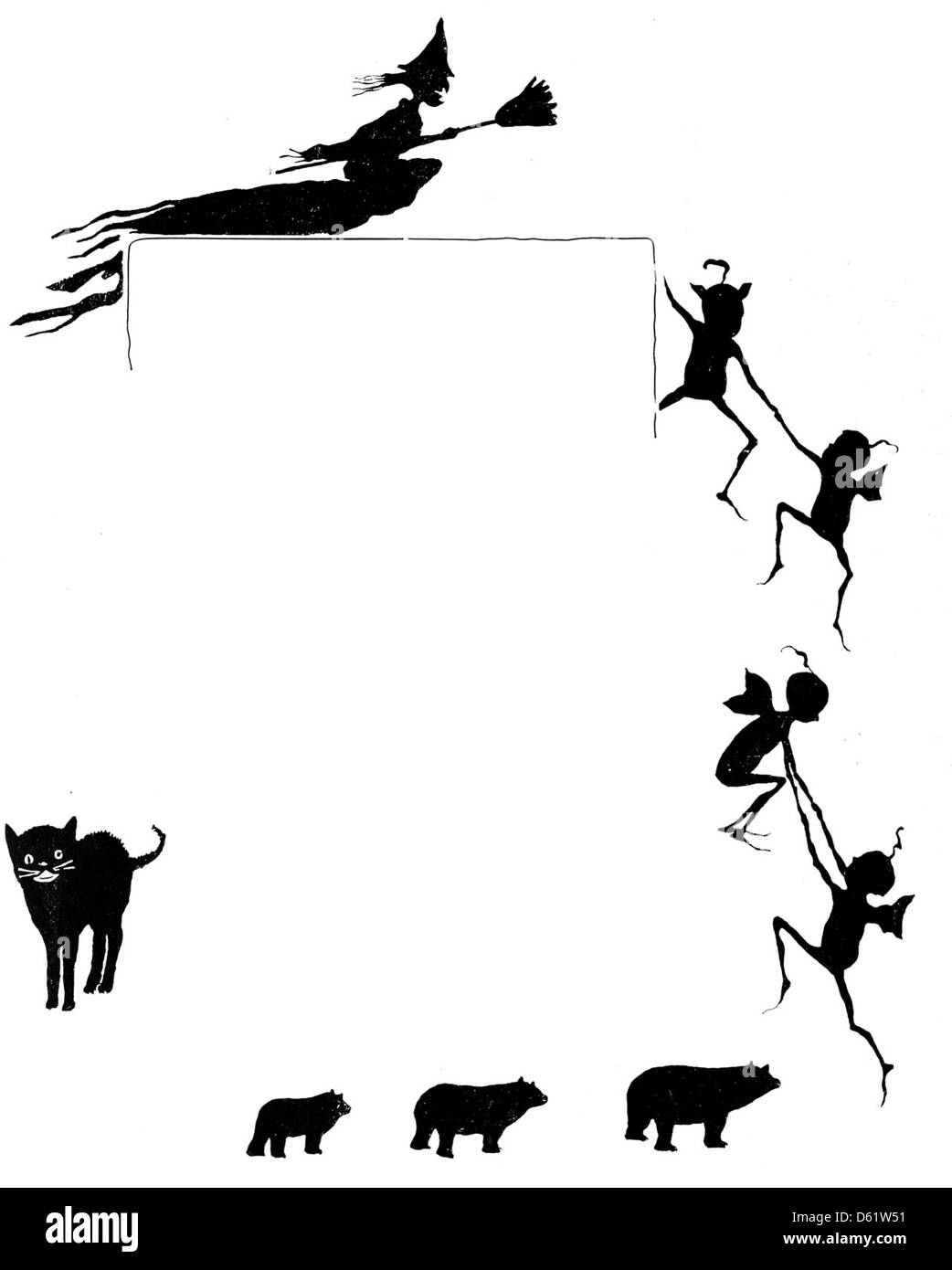 Eine Illustration aus „A Round of Birthdays“ (1897), die skurrile Kreaturen wie Kobolde und Pixies zeigt, die eine Geburtstagsparty feiern. Die Szene besteht aus einer verspielten Katze und fantastischen Elementen, die Fantasie und Kinderfeier in einem farbenfrohen, fantasievollen Design vereinen. Stockfoto