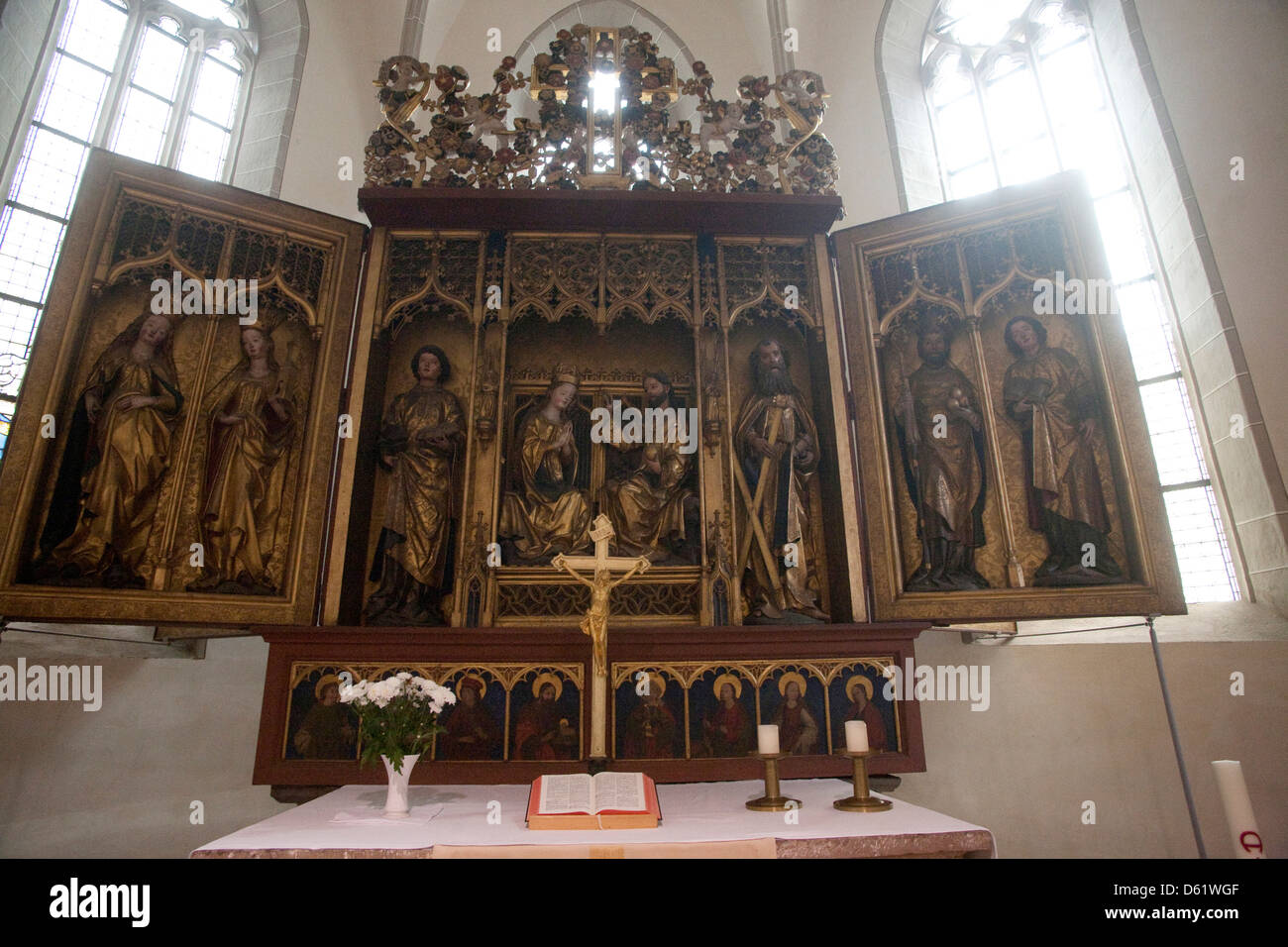 Altar und Altar Bildschirm im Heiligtum der St. Andreaskirche in Eisleben, Deutschland, ein UNESCO-Weltkulturerbe. Stockfoto