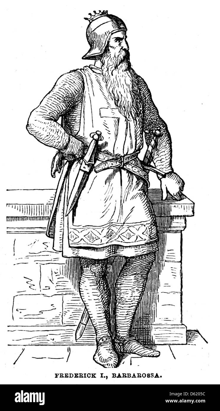 Eine Illustration aus „Eine Schulgeschichte Deutschlands“ (1874) mit Friedrich I. Barbarossa, die die historische Figur darstellt, die für die deutsche mittelalterliche Geschichte von zentraler Bedeutung ist. Stockfoto