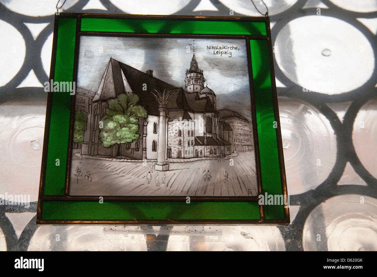 Radierung auf Glas St. Nicholas Church, Leipzig, Deutschland. Stockfoto