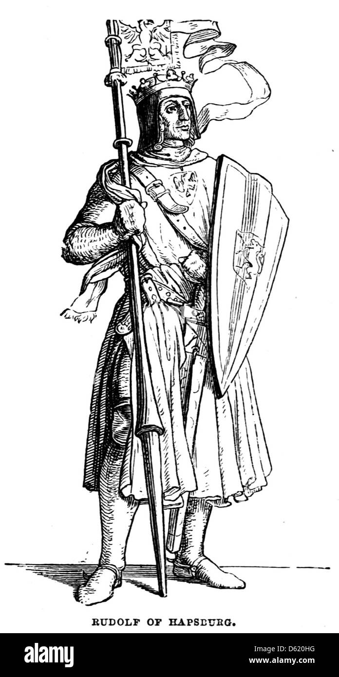 Dieses Bild stammt aus „Eine Schulgeschichte Deutschlands“ (1874) und zeigt Rudolf von Habsburg, eine bemerkenswerte Figur in der Geschichte des Heiligen Römischen Reiches und der frühen deutschen Geschichte. Stockfoto
