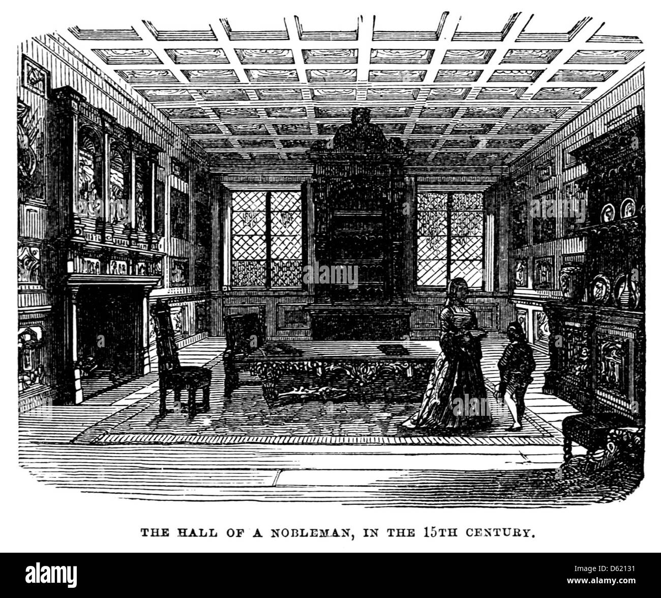 Diese 1874 entstandene Illustration aus „Eine Schulgeschichte Deutschlands“ zeigt einen Saal aus dem 15. Jahrhundert, wahrscheinlich Teil eines Adelswohnheims, der die Architektur und soziale Struktur des mittelalterlichen Deutschlands widerspiegelt. Er hebt die Rolle des Adels in dieser Zeit hervor. Stockfoto