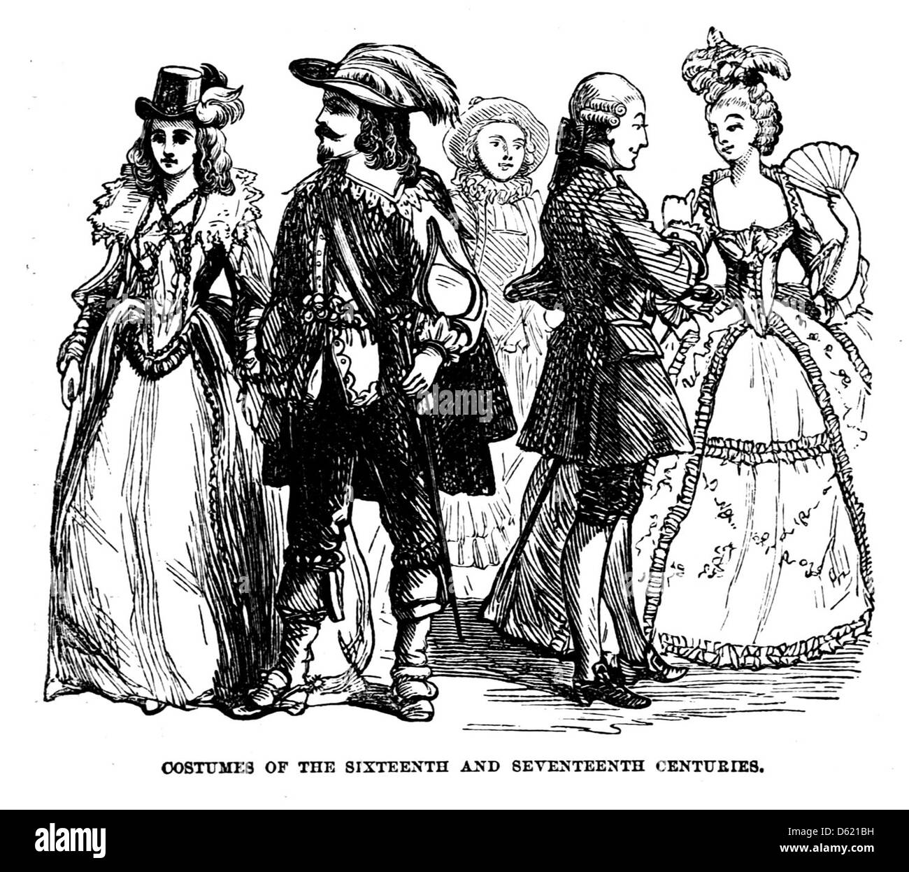 Eine Illustration aus der "Schulgeschichte Deutschlands" (1874) mit Kostümen aus dem 16. Und 17. Jahrhundert. Das Bild zeigt historische Bekleidungsstile aus der Frühen Neuzeit in Deutschland und zeigt die Entwicklung der Mode in dieser Zeit. Stockfoto