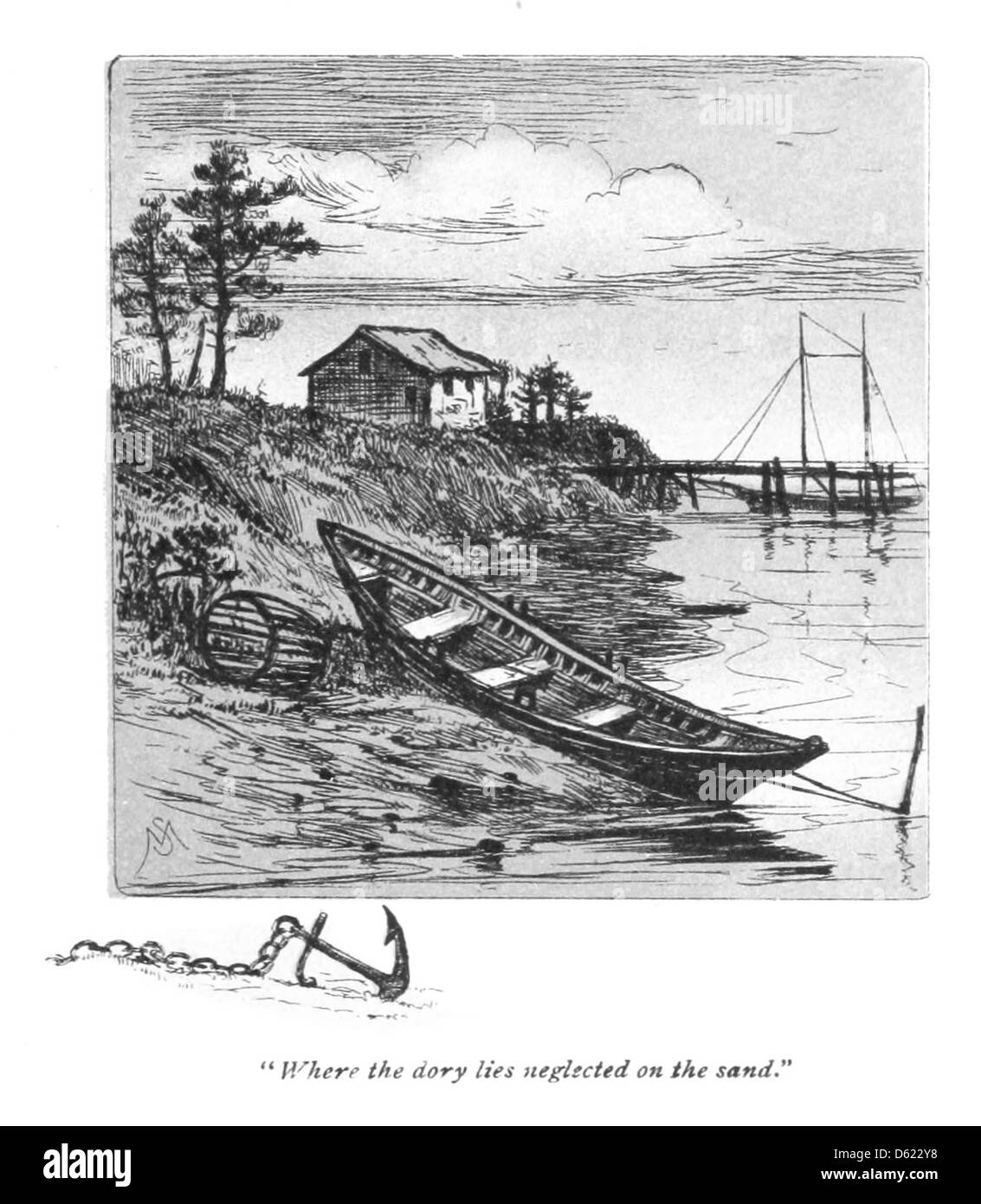 Eine maritime Illustration aus dem Jahr 1889 mit dem Titel „A Sea Idyl“, die eine ruhige Strandszene mit einem Segelschiff im Ozean darstellt. Das Bild fängt die friedliche Schönheit des Meeres und die Romantik der Meereslandschaften des 19. Jahrhunderts ein. Stockfoto