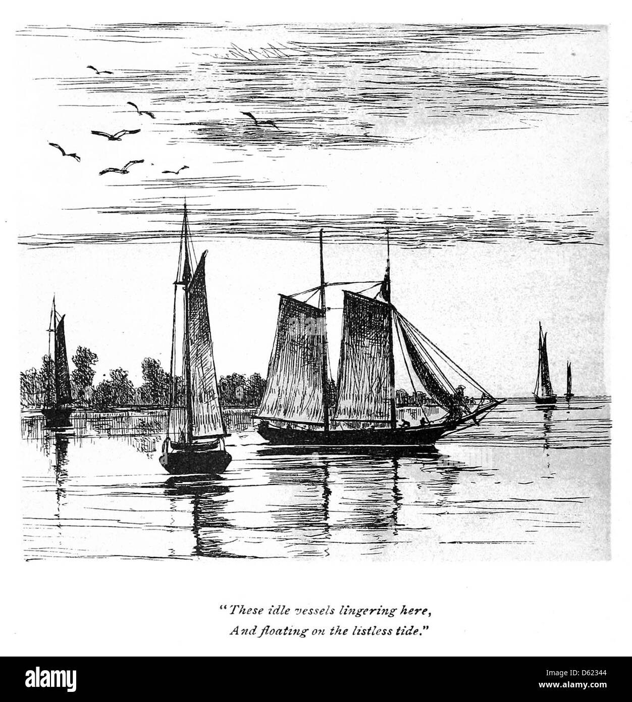 Ein maritimes Gemälde oder Foto aus dem Jahr 1889, das eine ruhige Szene des Ozeans mit einem Segelschiff auf See darstellt. Dieses Bild fängt die friedliche und dennoch dynamische Natur des Meeres ein und zeigt das Schiff in Bewegung über das Wasser. Stockfoto