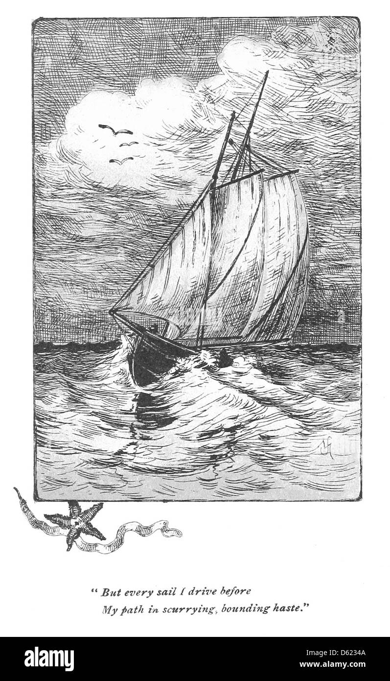 Dieses Bild stammt von „A Sea Idyl“ (1889), das ein Seeschiffschiff auf See darstellt. Das Foto fängt wahrscheinlich die friedliche und dennoch dynamische Natur der Seefahrt ein, mit einem Schwerpunkt auf der Gelassenheit und dem Abenteuer der Seefahrten im späten 19. Jahrhundert. Stockfoto