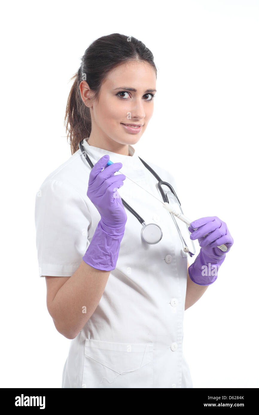 Schöne Krankenschwester mit einem Dna-Tupfer und Latex Globes isoliert auf weißem Hintergrund Stockfoto