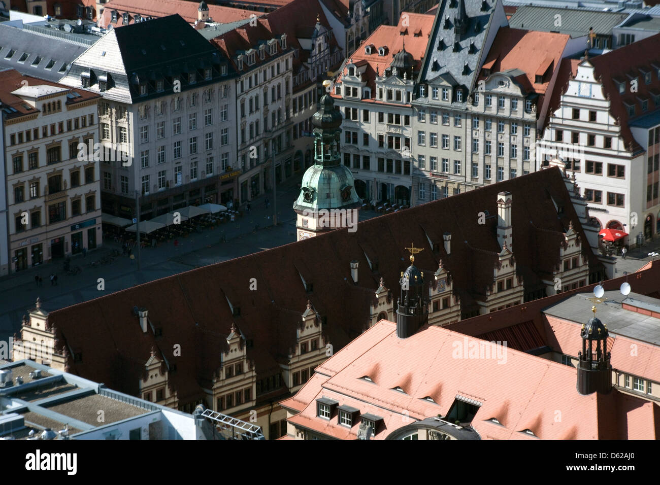 Ansicht der alten Stadt Leipzig, Deutschland, vom Panorama Tower, nur Wolkenkratzer der Stadt. Stockfoto