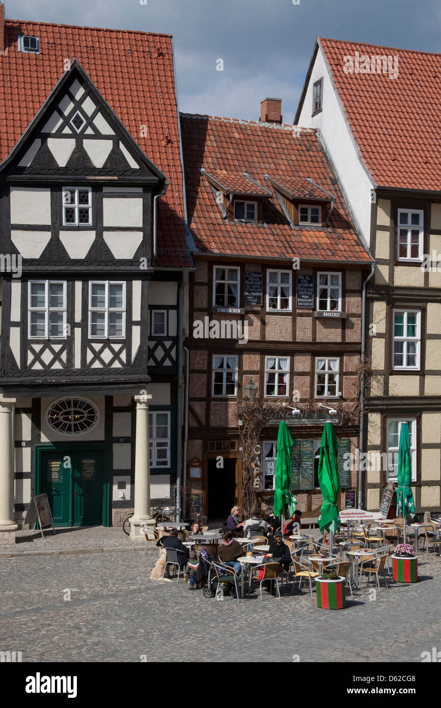 Halb - Skyline von Fachwerkhaus Gebäude auf Schloss-Hügel in 1, 000-jährige Quedlinburg, Deutschland-ein UNESCO-Weltkulturerbe. Stockfoto