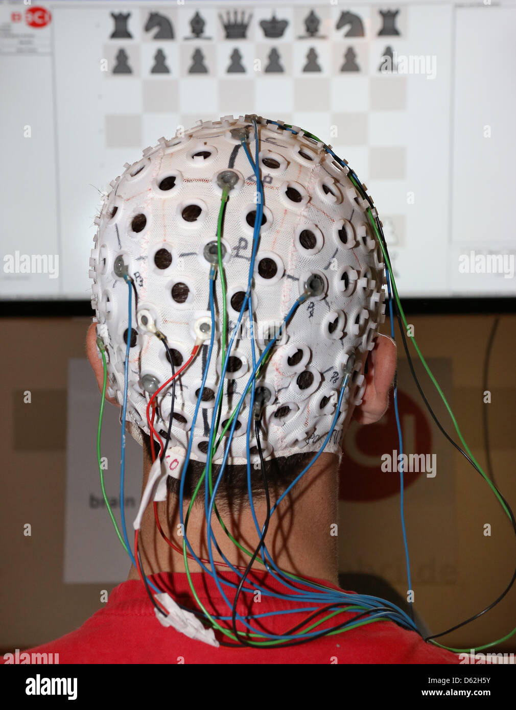 Sven Daehne spielt Schach mit einem EEG (Elektroenzephalogramm) an der technischen Universität in Berlin, Deutschland, 22. Mai 2012. Die EEG-Kappe misst Gehirnwellen, die von einem Computer entschlüsselt werden. Die Demonstration fand für die kommenden langen Nacht der Wissenschaften. Foto: STEPHANIE PILICK Stockfoto