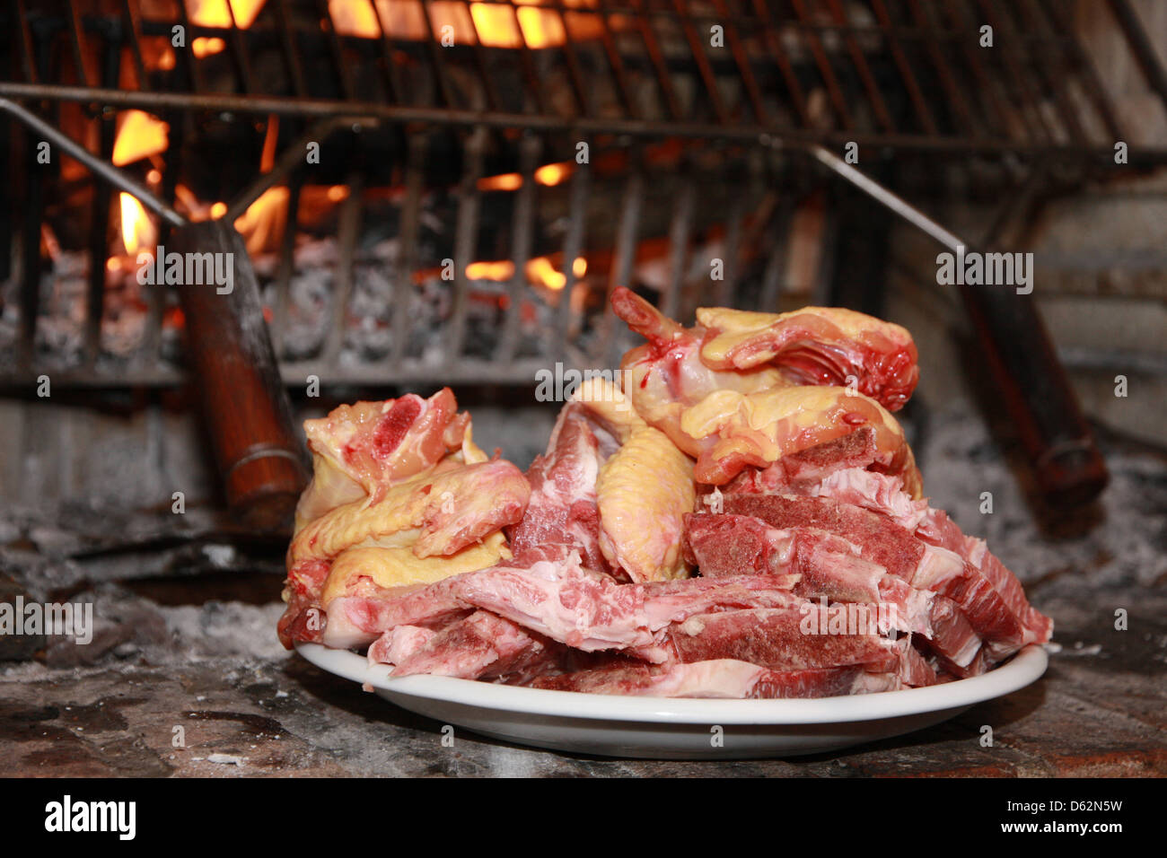 Tablett mit rohem Fleisch bereit, auf dem Feuer des Kamins gekocht werden Stockfoto