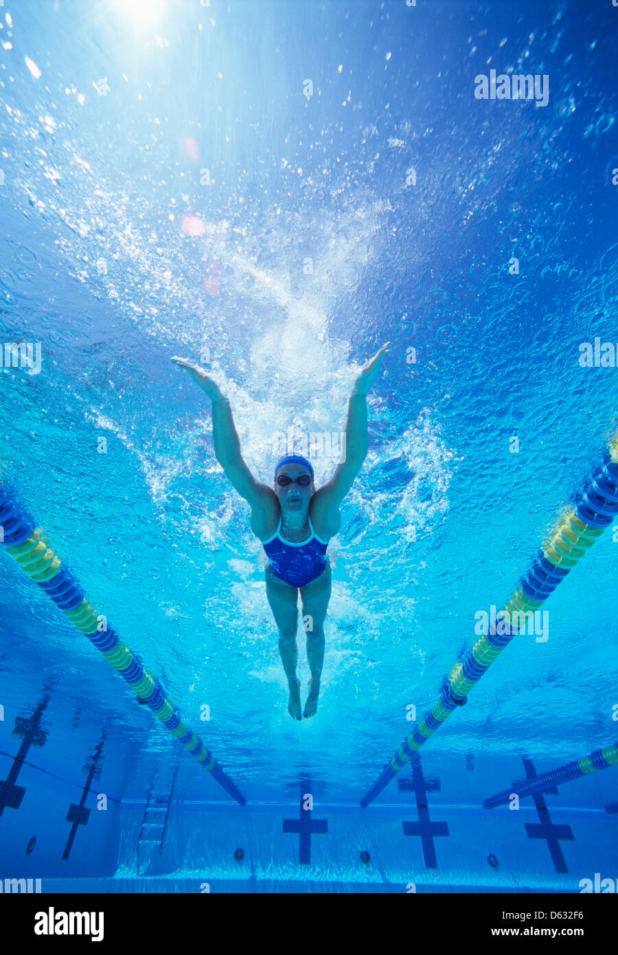 Volle Länge des weiblichen Schwimmer in Vereinigten Staaten Badeanzug schwimmen im pool Stockfoto