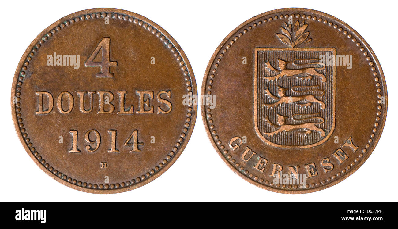 Guernsey-Münze von 1914-vier Doppel Stockfoto