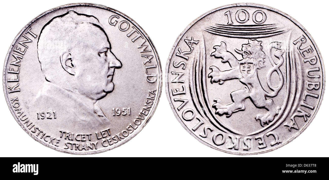 Tschechoslowakische 100Kc Münze von 1951 mit Porträt von Klement Gottwald, zum Gedenken an 30 Jahre auf der tschechischen kommunistischen Partei Stockfoto
