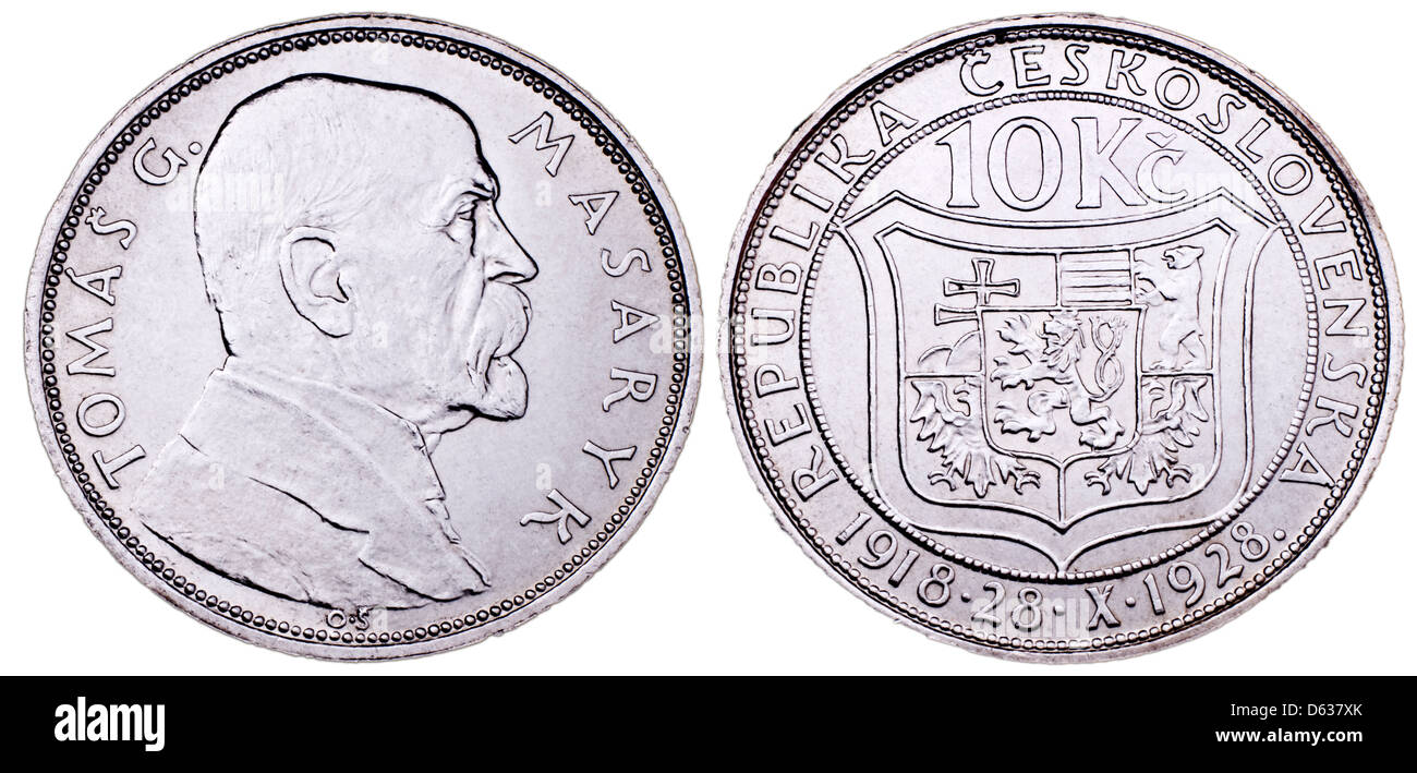 10Kc Silbermünze von 1928 zeigt Profil Portrait von Thomas Garrigue Masaryk (1850-1937) Stockfoto
