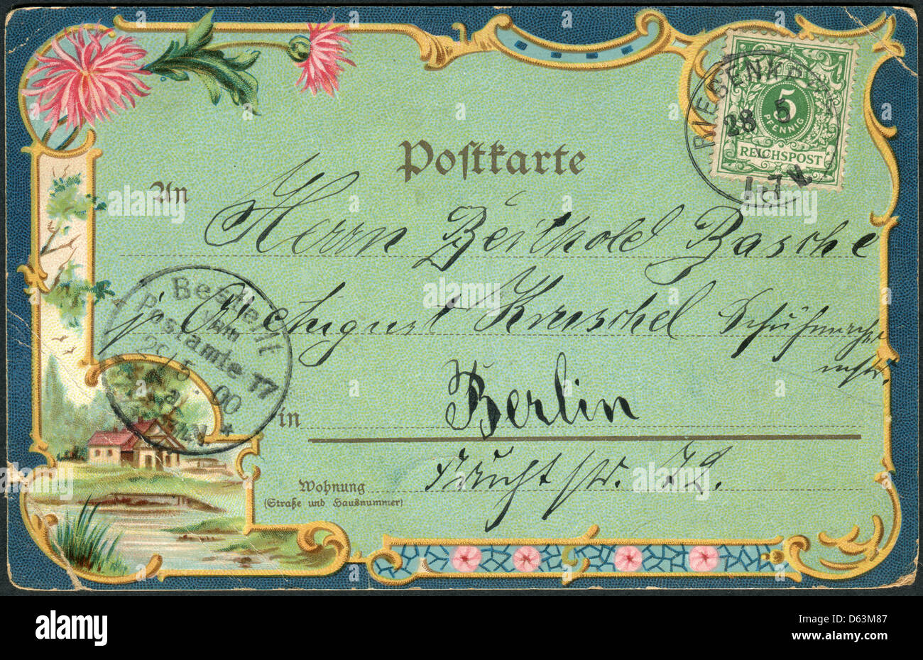 Alte deutsche Postkarte 1900. Zeigt einen Rahmen mit floralen ornament Stockfoto