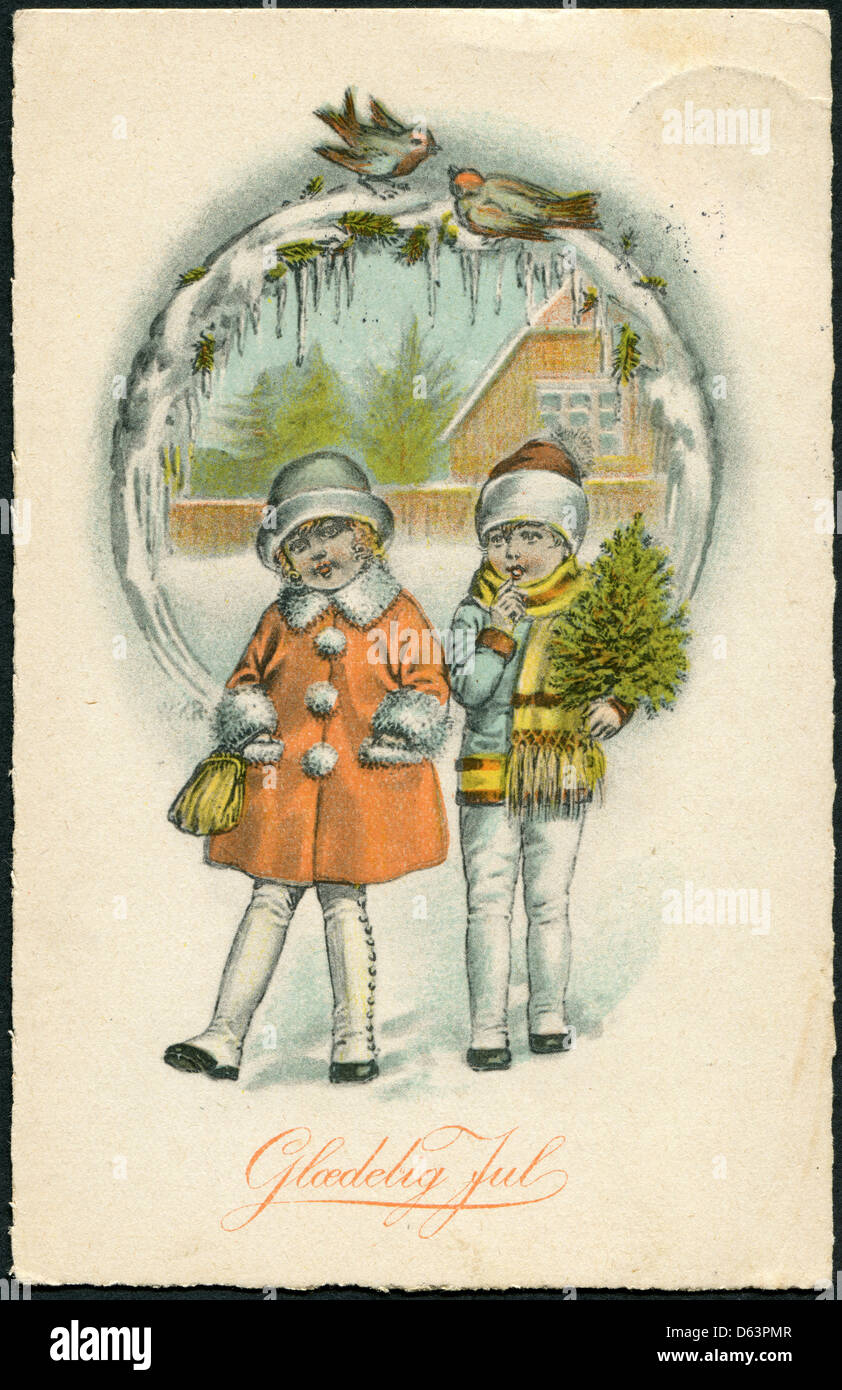 Alte Danische Weihnachts Postkarte 1930 Die Inschrift Auf Danisch Frohe Weihnachten Stockfotografie Alamy