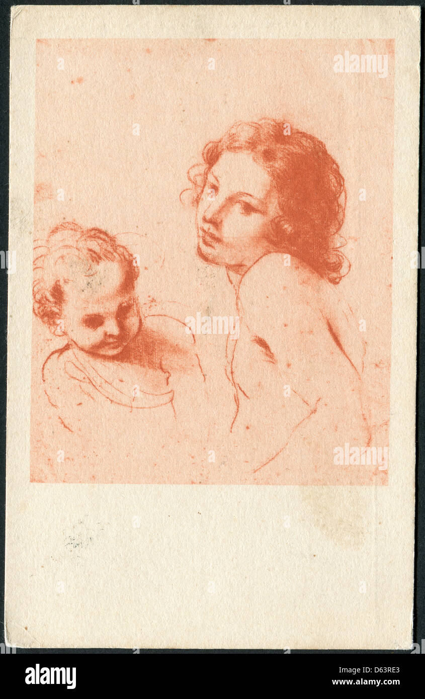 Alte italienische Postkarte, 1926. Zeigt eine Reproduktion der "Köpfe von einem Jugendlichen und ein kleiner Junge", Giovanni Francesco Barbieri, il Guercino Stockfoto