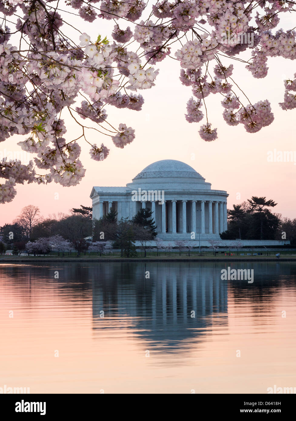 Thomas Jefferson Memorial in Washington, D.C. mit Kirschblüte bei Sonnenaufgang Stockfoto