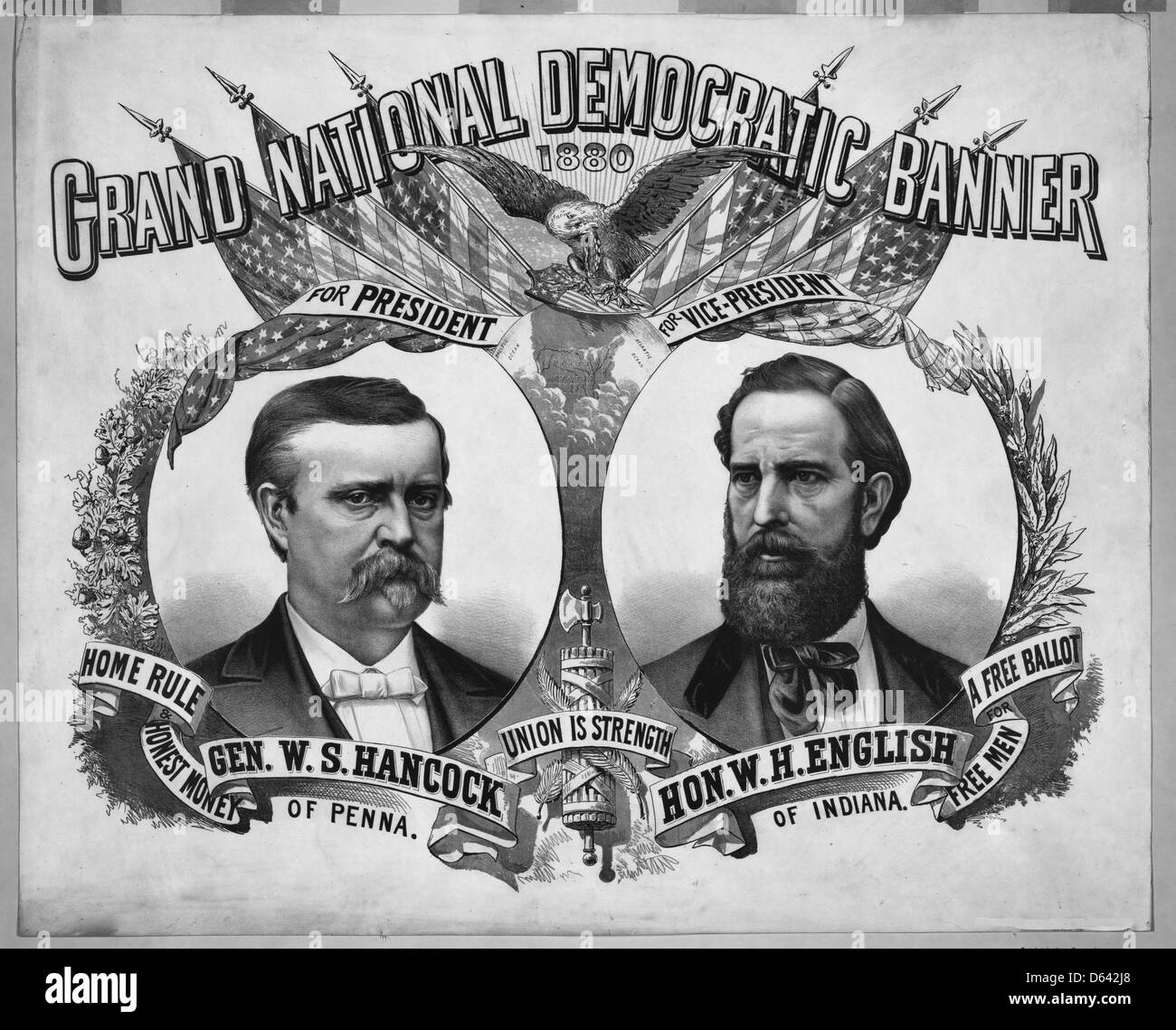 Grand National Demokratische Banner, 1880 USA Präsidentschaftswahl General w.s. Hancock für Präsidenten und w.h. Englisch für Vizepräsident Stockfoto