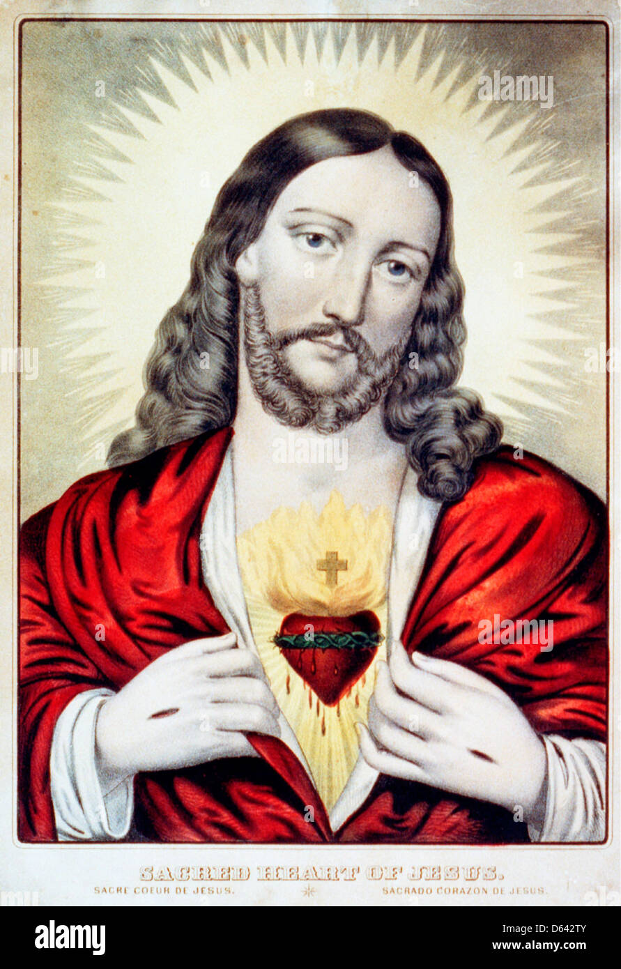 Heiligstes Herz Jesu: Sacre ́Coeur de Jesus / Saǵrado Coŕazon de Jesus - Hand farbige Lithographie, ca. 1850 Stockfoto