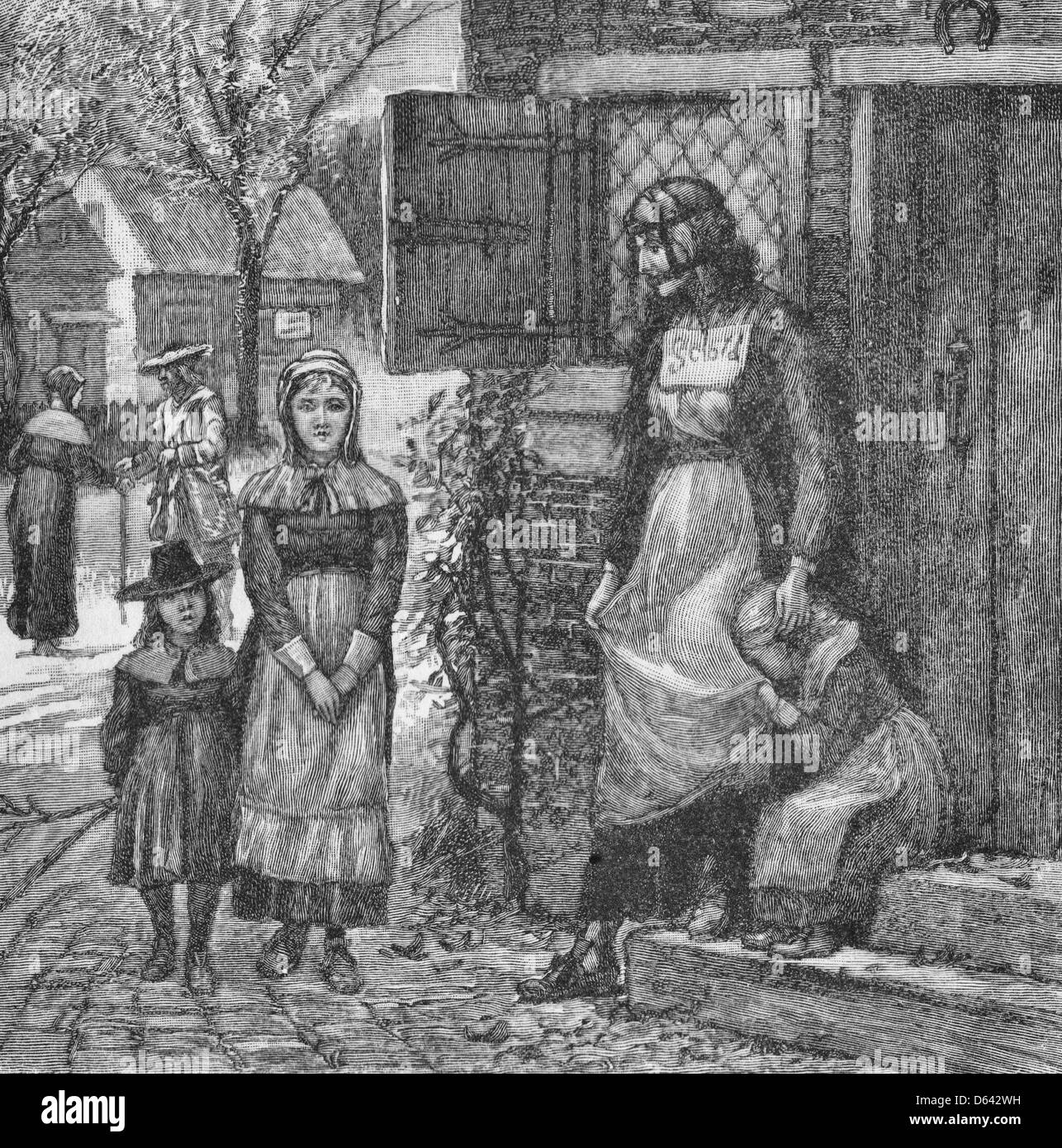 Ein schelten Bridle - Frau mit einem Zaumzeug zum Schweigen gebracht und stehen auf der Straße in Kolonialamerika, ca. 1700 Stockfoto