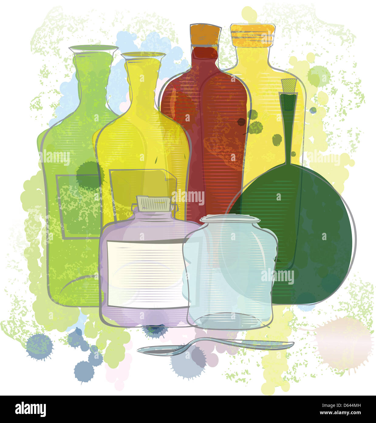 Farbe gelb rot grün-Wasserflaschen Stockfoto