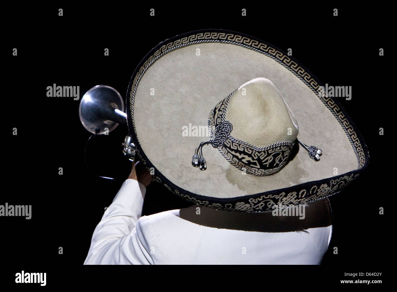 Sombrero der Mariachi Trompeter, Leistung der "Mexiko-Simulationsspiel", Xcaret, Playa del Carmen, Riviera Maya, Mexiko. Stockfoto