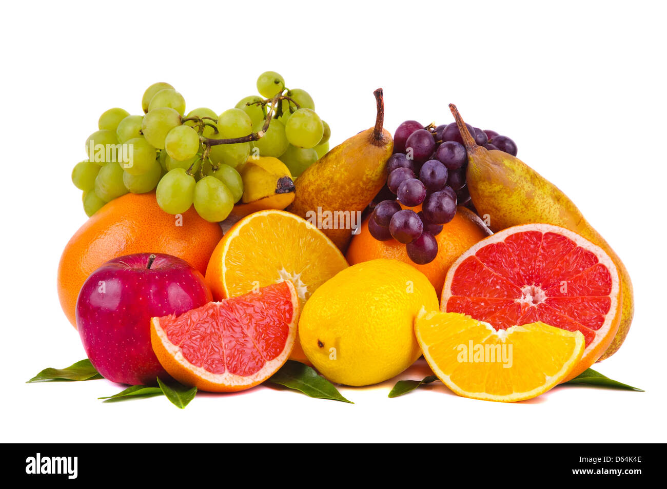 bunte Gruppe von frischen Früchten isoliert auf weißem Hintergrund Stockfoto