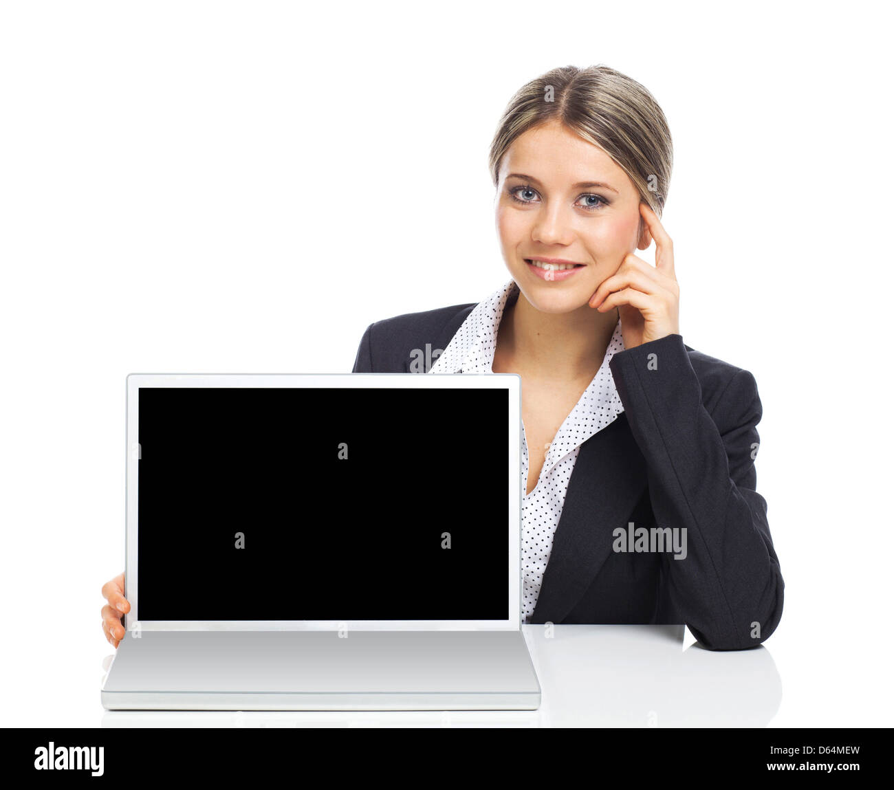 Business-Frau mit einem Laptop-Bildschirm auf weiß Stockfoto
