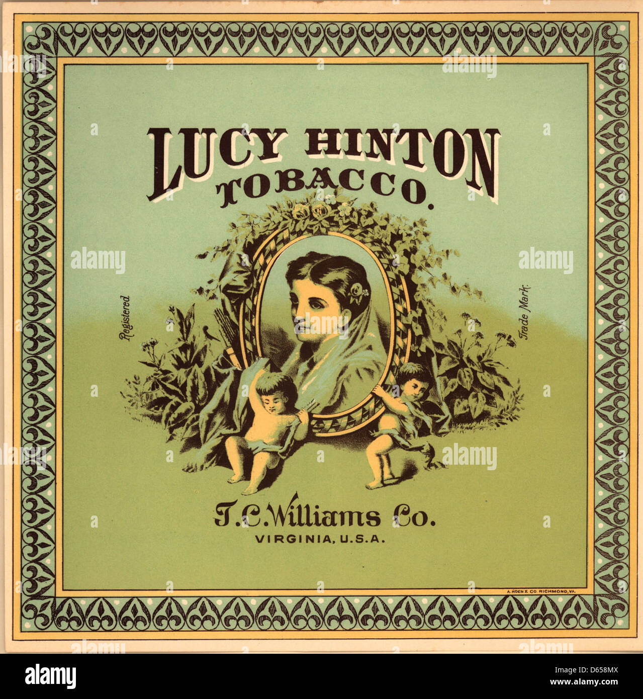 Diese Vintage-Werbung aus dem frühen 20. Jahrhundert zeigt Lucy Hinton, eine beliebte Figur in der Tabakwerbung. Die Ephemere zeigt die Kunst der Werbung in der Tabakindustrie Anfang der 1900er Jahre Stockfoto