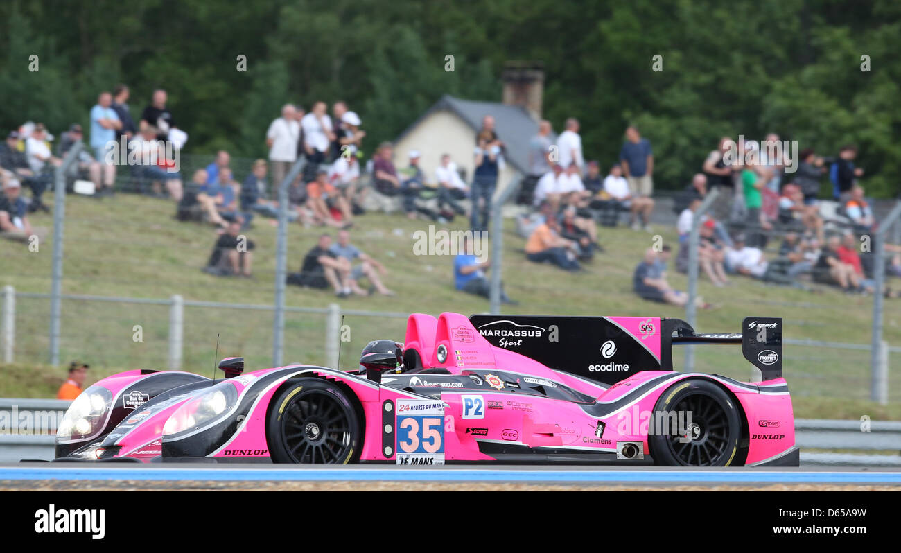 Die LMP2-Klasse Morgan - Nissan von Oak Racing mit den Fahrern David Heinemeier Hansson, Bas Leinders und Maxime Martin in Aktion während der Qualifikation für die 80. 24 Stunden Rennen von Le Mans auf dem Circuit De La Sarthe in Le Mans, Frankreich 14. Juni 2012. Foto: Florian Schuh dpa Stockfoto