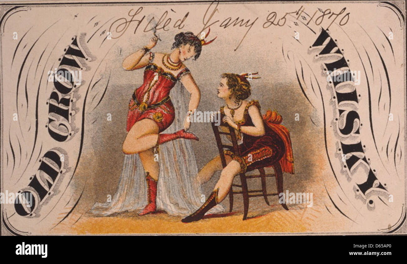 Diese Vintage-Werbung aus dem Jahr 1870 wirbt für Old Crow Whiskey, eine der berühmtesten Marken des amerikanischen Bourbons. Der Werbespot hebt wahrscheinlich die Qualität und das Erbe des Whiskys hervor und spiegelt die Vermarktungstrends des betreffenden Zeitraums wider. Stockfoto