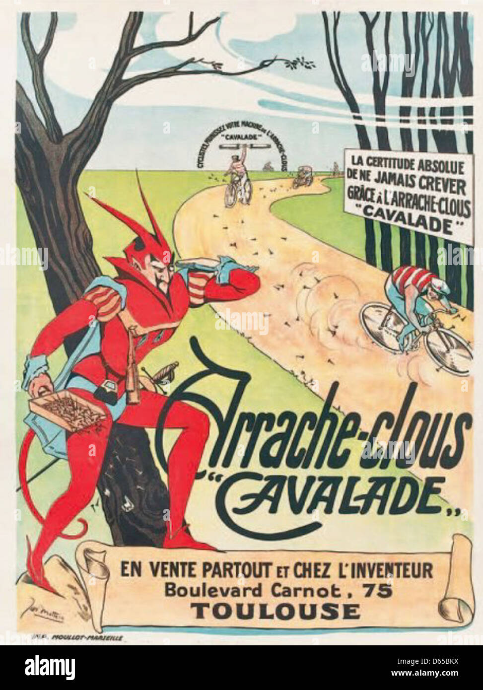 Eine französische Vintage-Werbung aus dem späten 19. Oder frühen 20. Jahrhundert, die das Fahrradwerkzeug „Arrache-clous“ anpreist. Der Werbespot zeigt eine Illustration des Werkzeugs in Aktion, das zum Entfernen von Nägeln von Fahrradreifen entwickelt wurde. Dies ist Teil einer frühen Welle von Fahrradzubehör und Innovationen. Stockfoto
