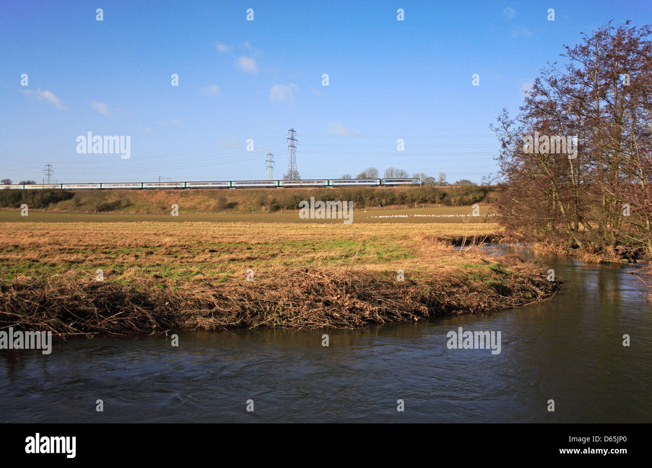 Ein Blick auf den Fluss Tas mit Intercity Zug nahenden Norwich bei Caistor St Edmund, Norfolk, England, Vereinigtes Königreich. Stockfoto
