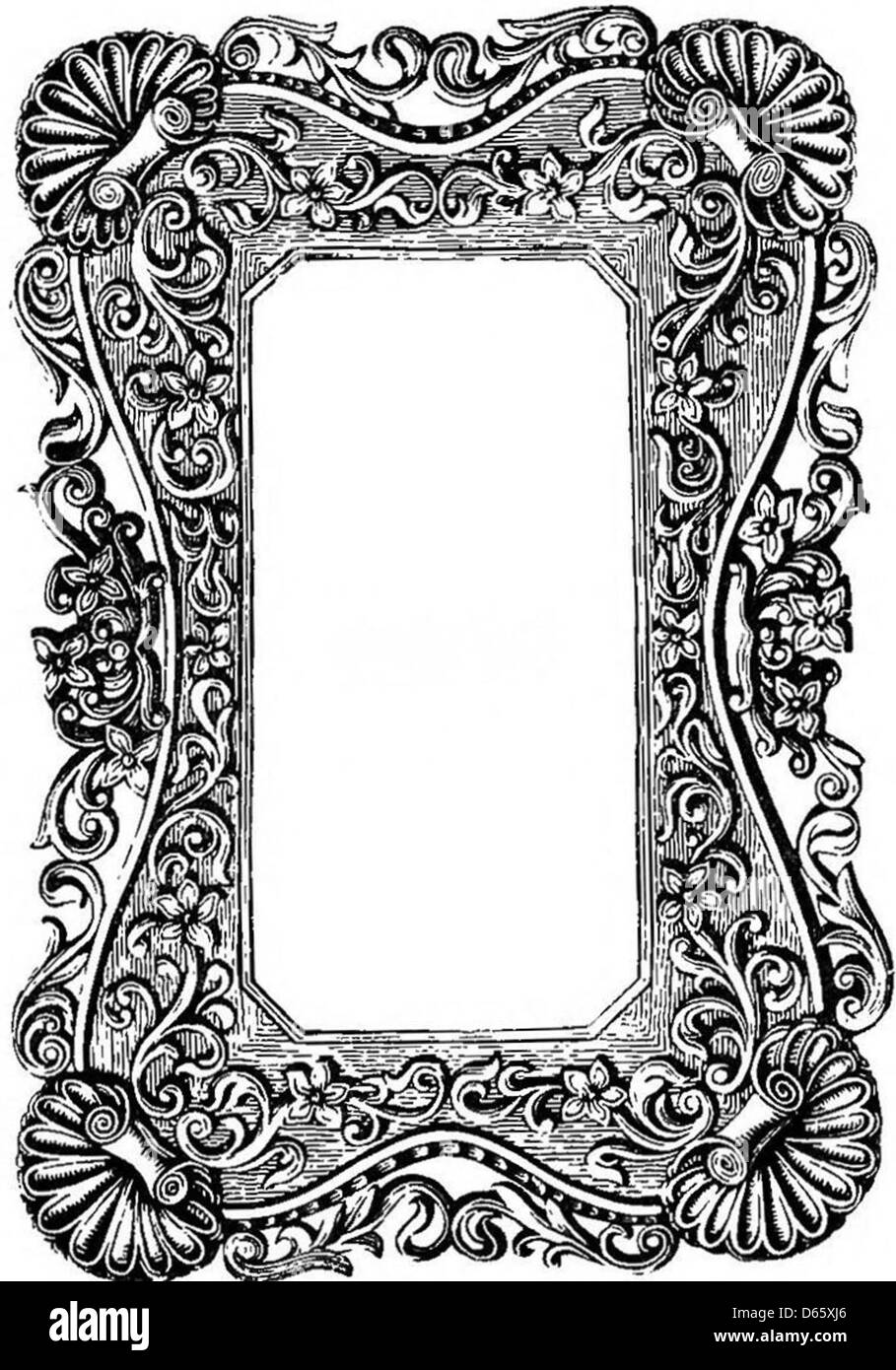 Eine kunstvolle schwarz-weiße Rahmenillustration, die in Vintage-Exemplaren und Cliparts verwendet wird. Das komplizierte Design ist typisch für dekorative Elemente des späten 19. Und frühen 20. Jahrhunderts, die häufig in gedruckten Materialien und Kunstwerken zu sehen sind. Stockfoto
