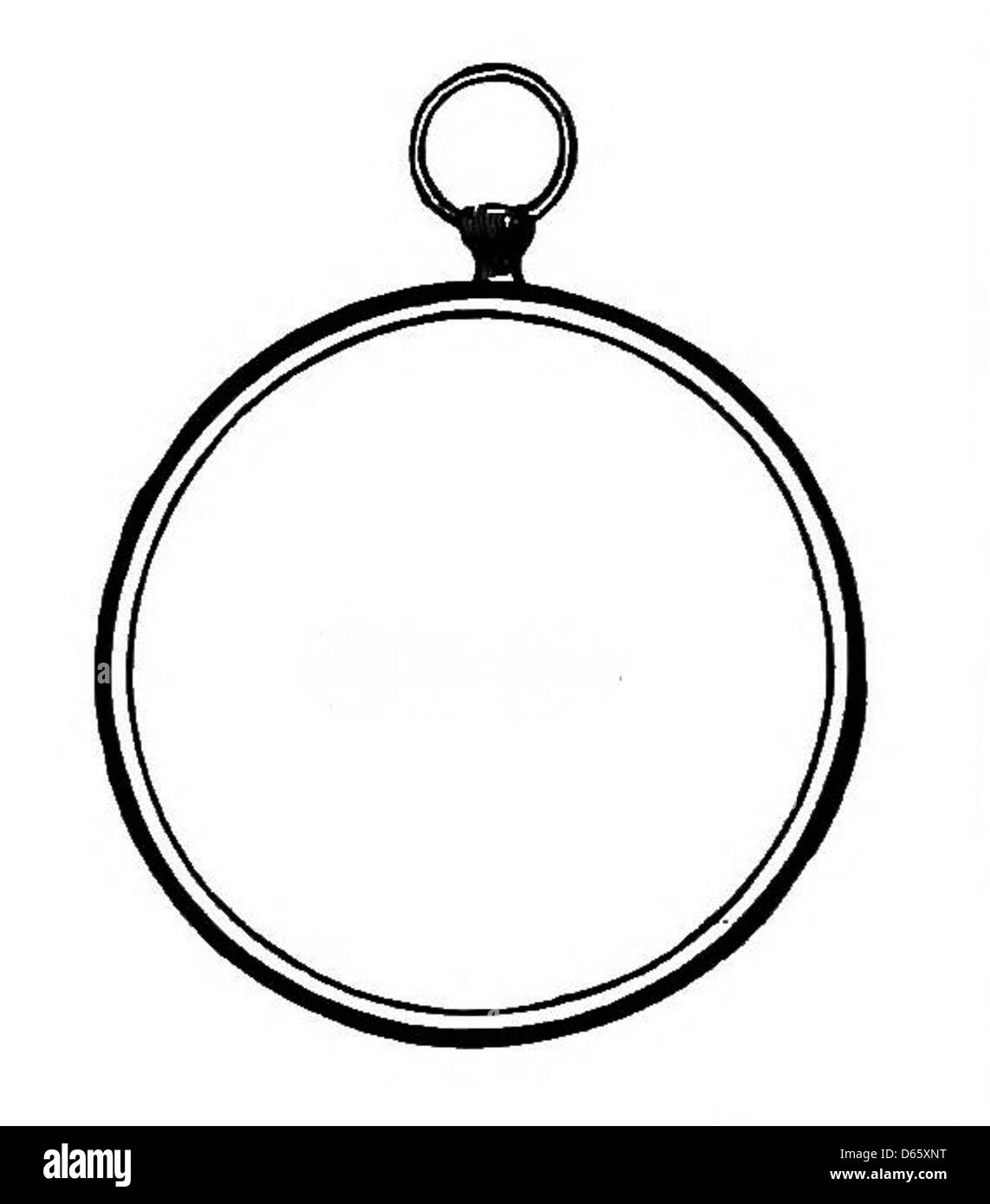 Dieses Vintage-Schwarzweiß-Clipart-Bild zeigt einen dekorativen Uhrenrahmen, der als Musterexemplar im frühen Druck verwendet wird, um Typografie und Designelemente in einem minimalistischen Schwarz-weiß-Stil zu präsentieren. Stockfoto