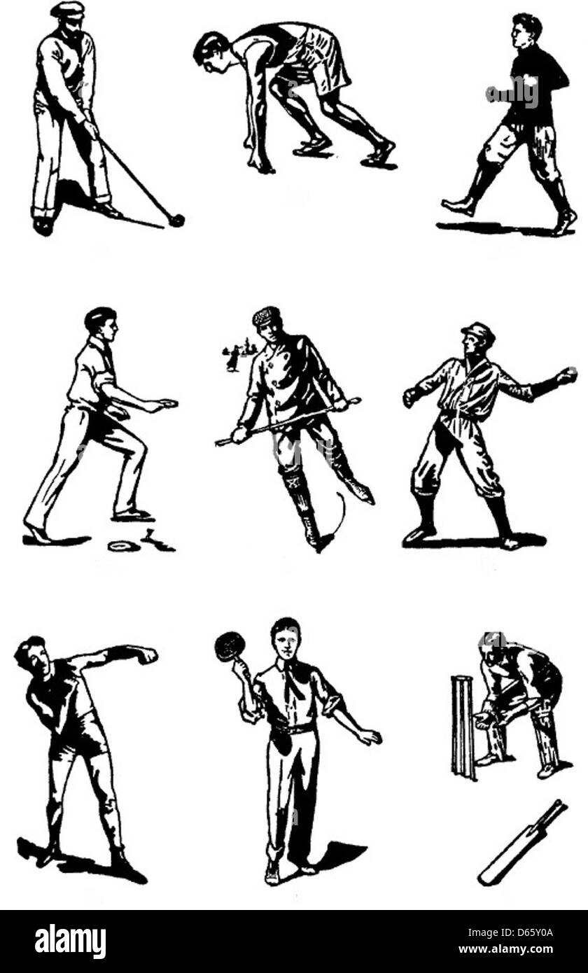 Dieses schwarz-weiße Clipart-Bild aus einem Vintage-Musterbuch zeigt sportliche Illustrationen. Er bietet eine Vielzahl von Sportbildern und zeigt Athleten und Sportausrüstung in auffälligem, grafischem Stil. Diese Illustrationen wurden wahrscheinlich Anfang des 20. Jahrhunderts für Werbung und Publikationen verwendet. Stockfoto