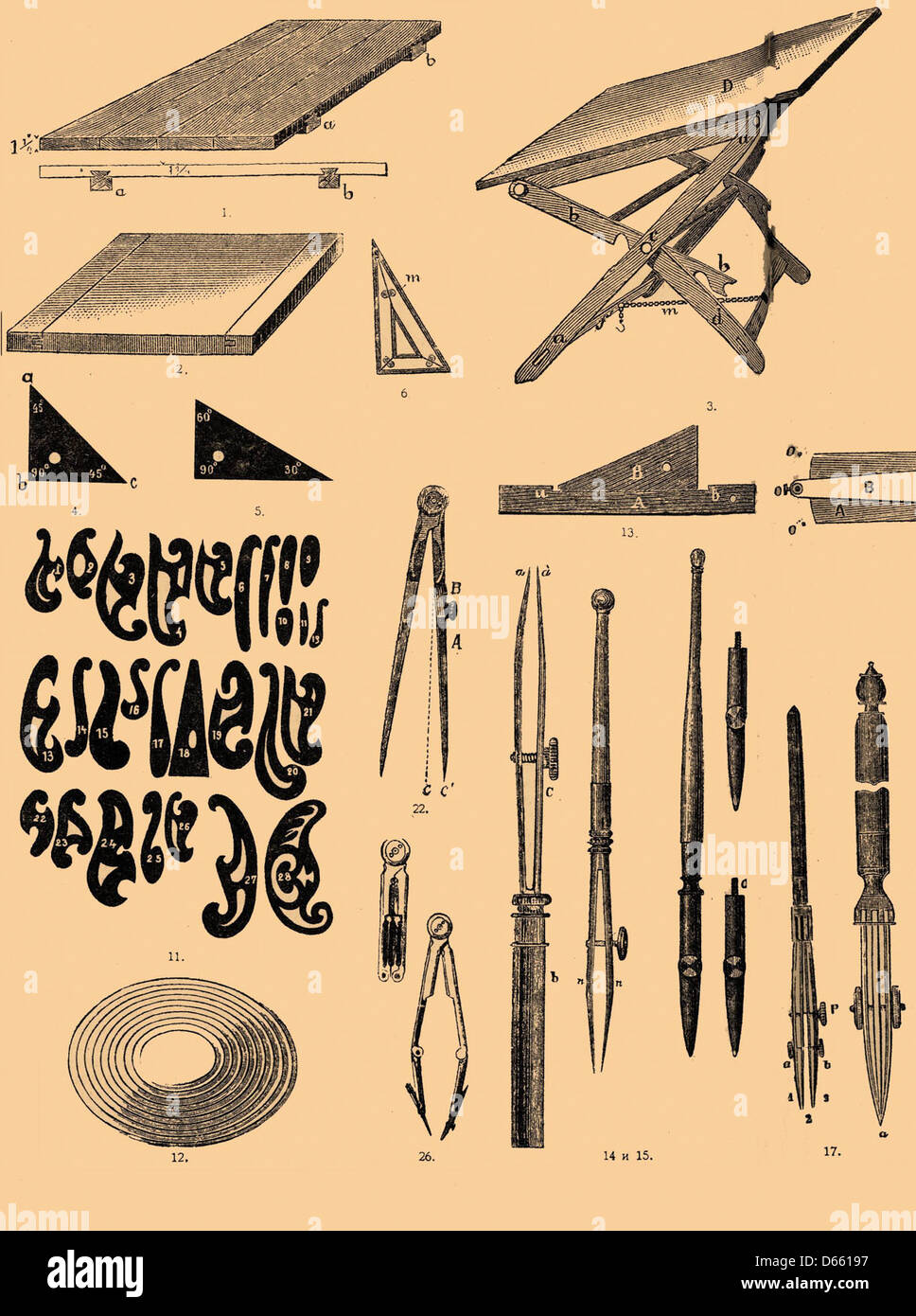 Eine Illustration aus dem Brockhaus and Efron Encyclopedic Dictionary, die verschiedene Zeichnungswerkzeuge wie Kompasse, Zeichenbretter und gerade Kanten zeigt. Das Bild ist eine historische Referenz für technische grafische Designwerkzeuge, die von Künstlern und Ingenieuren im Russland des 19. Jahrhunderts verwendet wurden. Stockfoto