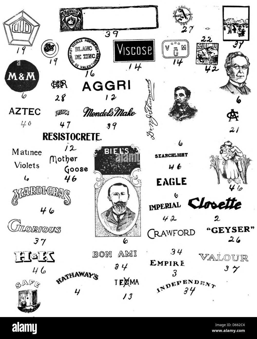 Ein Vintage-Logo und Werbedesign, das die künstlerische Verwendung von Typografie und Branding in Werbematerialien veranschaulicht. Das Logo betont eine Mischung aus modernem Design und nostalgischen Elementen, die ein Gefühl für Retro-Marketing-Ästhetik wecken. Stockfoto