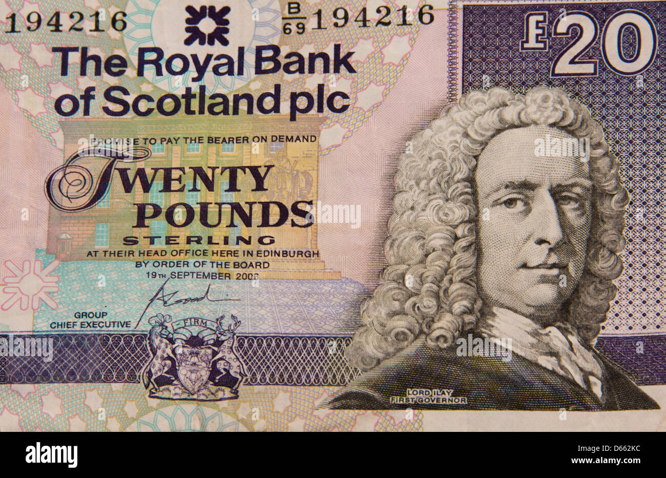 Schottische Pfund Banknote Details. Geld £20 zwanzig Pfund Royal Bank of Scotland 134449 Bank Hinweis Stockfoto