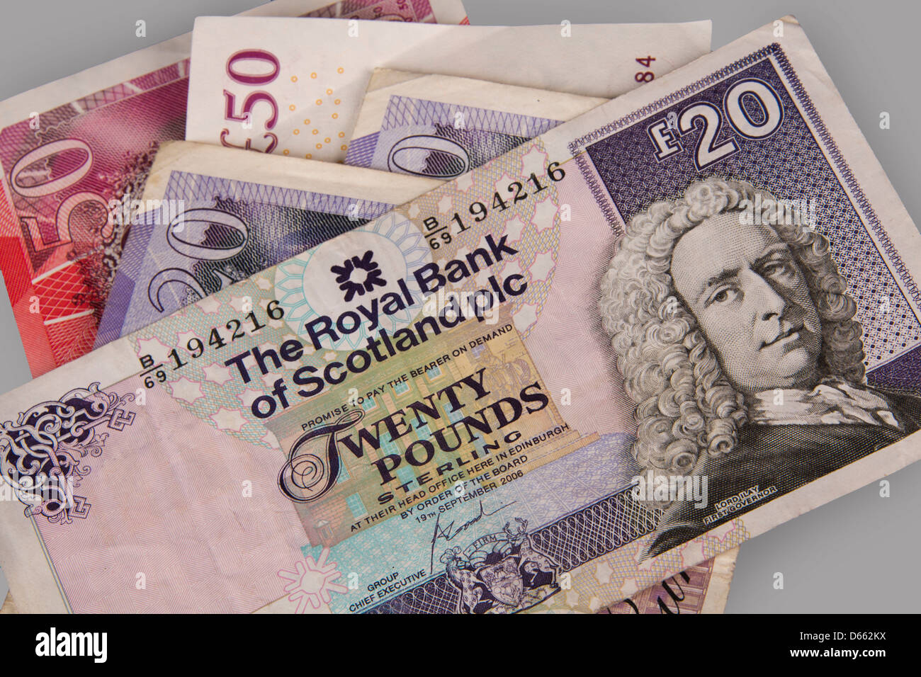 Schottische Pfund Banknote Details. Geld £20 zwanzig Pfund £50-Royal Bank of Scotland 134454 Bank Hinweis Stockfoto