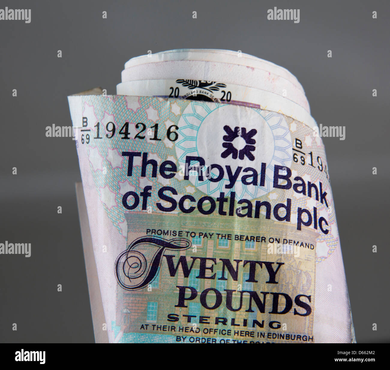 Schottische Pfund Banknoten Details in einer Rolle. Geld £20 zwanzig Pfund Royal Bank of Scotland 134456 Bank Hinweis Stockfoto