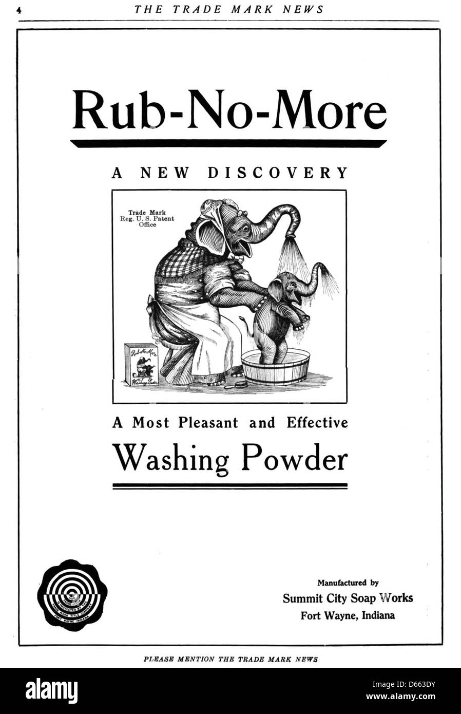 Eine Werbung mit der Marke RUB-No-More, die ihr Vintage-Logo und -Markenzeichen präsentiert. Der Werbespot hebt die einzigartigen Verkaufsargumente und die visuelle Identität des Produkts aus einer vergangenen Zeit hervor und betont Retro-Branding-Techniken. Stockfoto