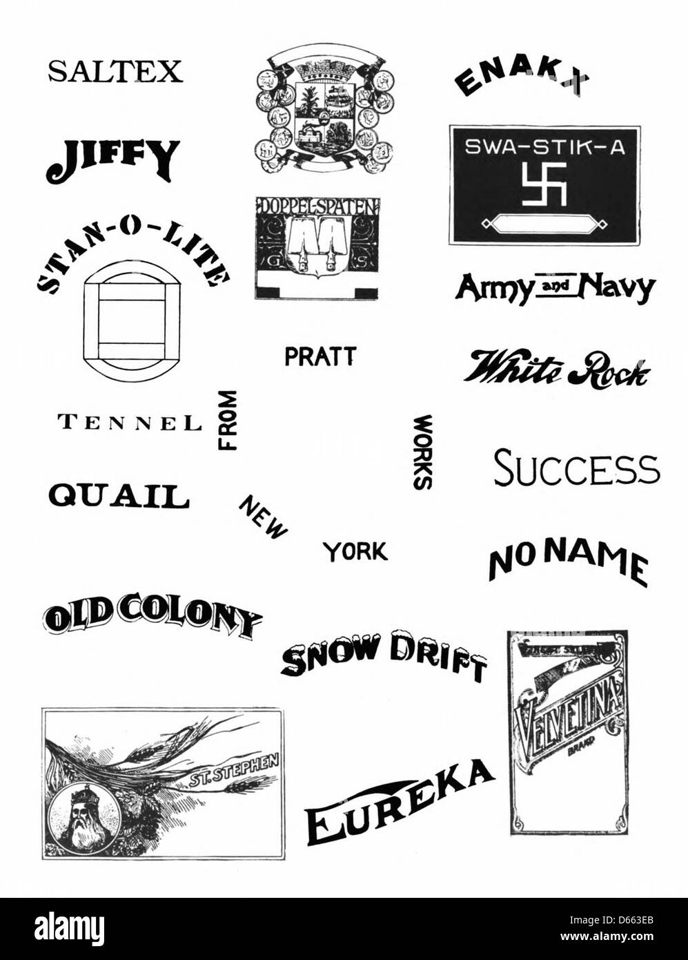 Ein früheres Vintage-Werbelogo, „SWA-Stik-A“, zeigt ein Retro-Design aus dem frühen 20. Jahrhundert, das wahrscheinlich zu Branding- oder Marketingzwecken während seiner Zeit verwendet wurde. Stockfoto